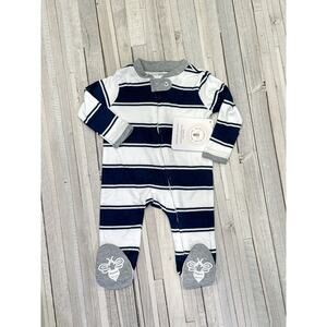 NEW Burt’s Bees Baby Organic Cotton Navy Blue Striped Footed Pajamas – Newborn